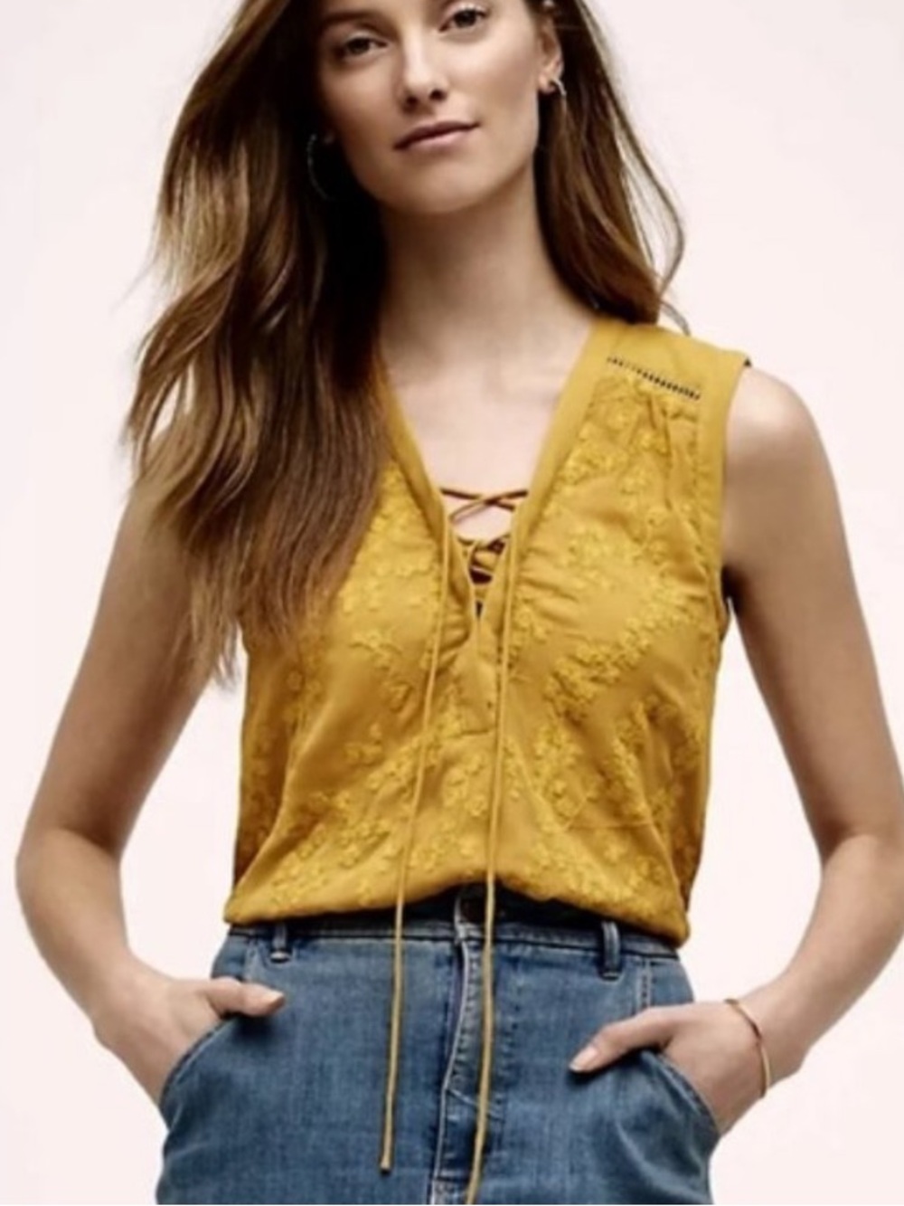 Maeve Anthropologie Embroidered lace up mustard tank top size 8